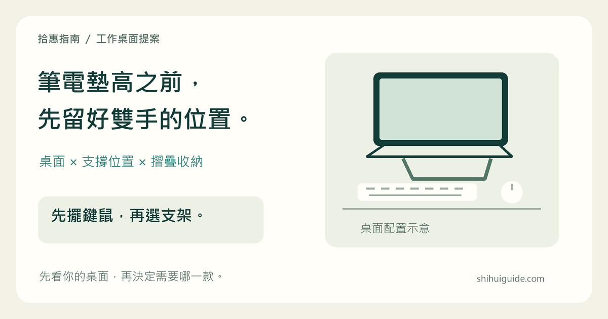 原創桌面配置示意：筆電架、外接鍵盤與滑鼠各留位置；旁列桌深、支撐點與折起收納三個重點。